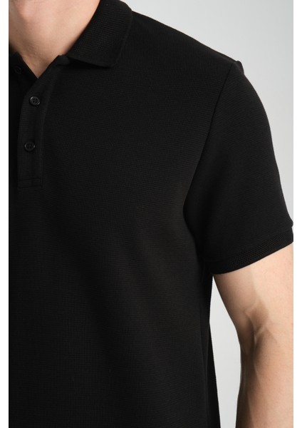 2861 Monza Erkek Siyah Regular Fit %100 Pamuk Waffle Polo Yaka T-Shirt modelleri