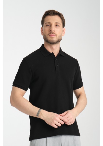 2861 Monza Erkek Siyah Regular Fit %100 Pamuk Waffle Polo Yaka T-Shirt fırsatları