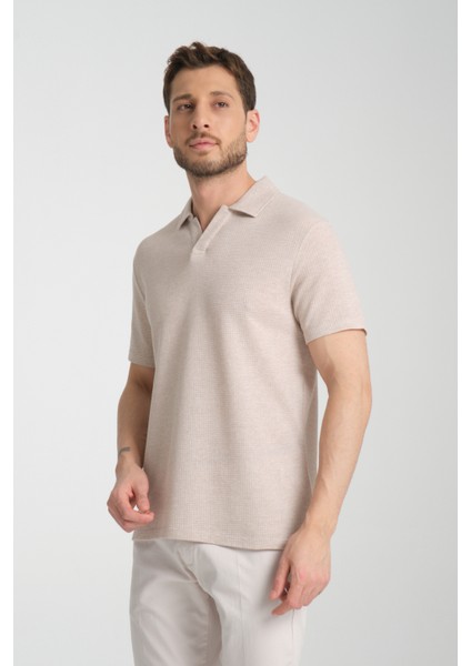 2525 Lores Erkek Camel %100 Pamuk Waffle Slim Fit Polo Yaka Tişört modelleri
