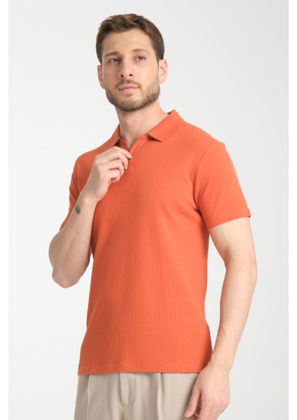 2032 Rico Erkek Turuncu %100 Pamuk Waffle Regular Fit Polo Yaka Tişört