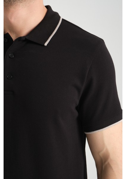 2858 Ricos Erkek Siyah %100 Pamuk Slim Fit Çekmeyen Kumaş Yaka Detaylı Polo Yaka Tişört