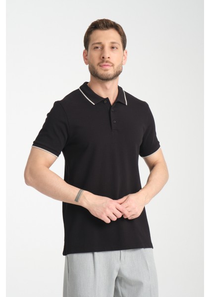 2858 Ricos Erkek Siyah %100 Pamuk Slim Fit Çekmeyen Kumaş Yaka Detaylı Polo Yaka Tişört fiyatları