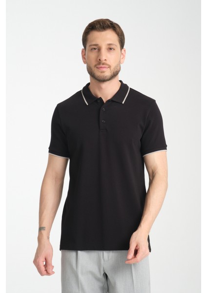 2858 Ricos Erkek Siyah %100 Pamuk Slim Fit Çekmeyen Kumaş Yaka Detaylı Polo Yaka Tişört modelleri