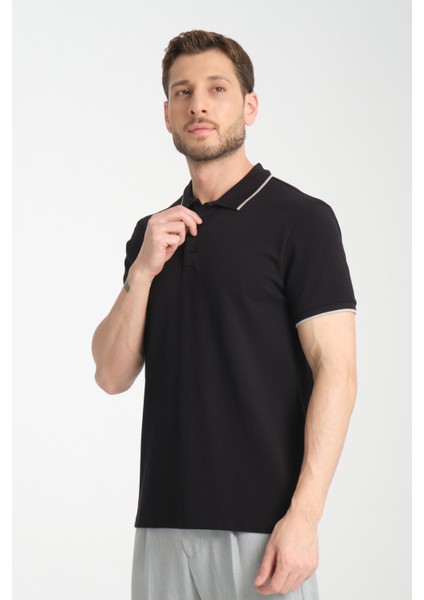 2858 Ricos Erkek Siyah %100 Pamuk Slim Fit Çekmeyen Kumaş Yaka Detaylı Polo Yaka Tişört fırsatları