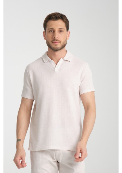 2525 Lores Erkek Açık Bej %100 Pamuk Waffle Slim Fit Polo Yaka Tişört