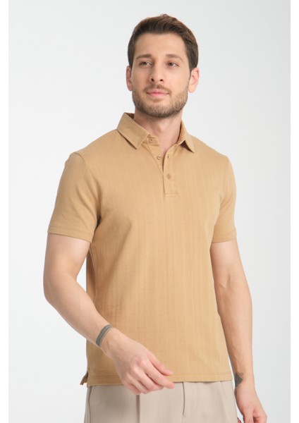 2927 Lucero Erkek Koyu Bej %100 Pamuk Çekmeyen Kumaş Slim Fit Dar Kesim Polo Yaka Tişört modelleri