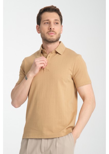2927 Lucero Erkek Koyu Bej %100 Pamuk Çekmeyen Kumaş Slim Fit Dar Kesim Polo Yaka Tişört fırsatları