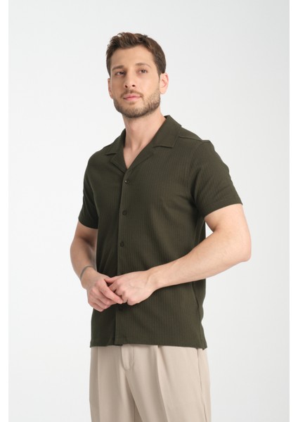 2033 Rico Erkek Haki Waffle Standart Fit Kısa Kol Apaş Yaka Spor Gömlek