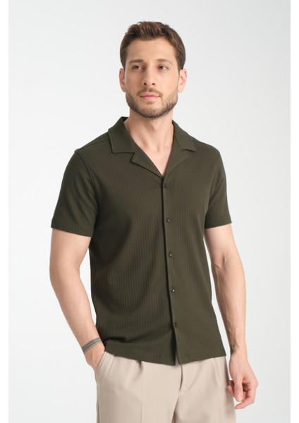 2033 Rico Erkek Haki Waffle Standart Fit Kısa Kol Apaş Yaka Spor Gömlek modelleri