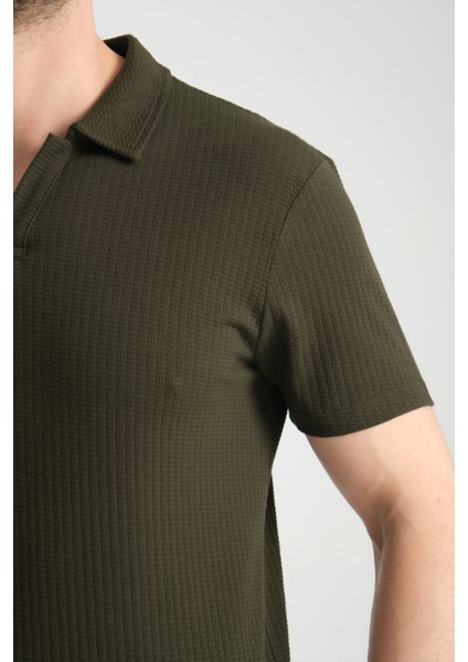 2033 Rico Erkek Haki Waffle Standart Fit Kısa Kol Apaş Yaka Spor Gömlek fırsatları