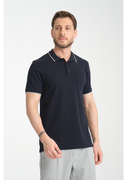 2858 Ricos Erkek Lacivert %100 Pamuk Slim Fit Çekmeyen Kumaş Yaka Detaylı Polo Yaka Tişört fiyatları