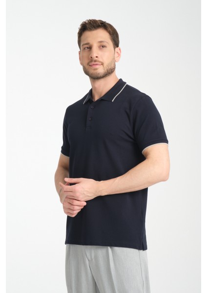 2858 Ricos Erkek Lacivert %100 Pamuk Slim Fit Çekmeyen Kumaş Yaka Detaylı Polo Yaka Tişört modelleri