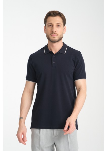 2858 Ricos Erkek Lacivert %100 Pamuk Slim Fit Çekmeyen Kumaş Yaka Detaylı Polo Yaka Tişört fırsatları