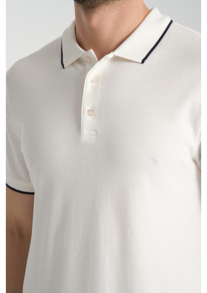 2858 Ricos Erkek Beyaz %100 Pamuk Slim Fit Çekmeyen Kumaş Yaka Detaylı Polo Yaka Tişört