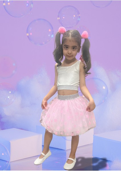 Kız Çocuk Ikili Takım, Gümüş Simli Beyaz Crop ve Pembe Yıldız Desenli Tütü Etek