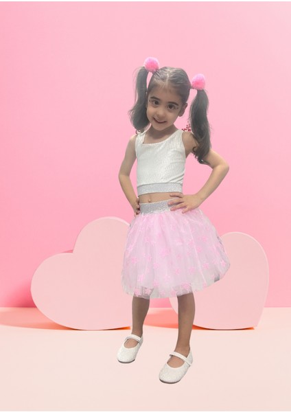 Kız Çocuk Ikili Takım, Gümüş Simli Beyaz Crop ve Pembe Yıldız Desenli Tütü Etek fiyatları