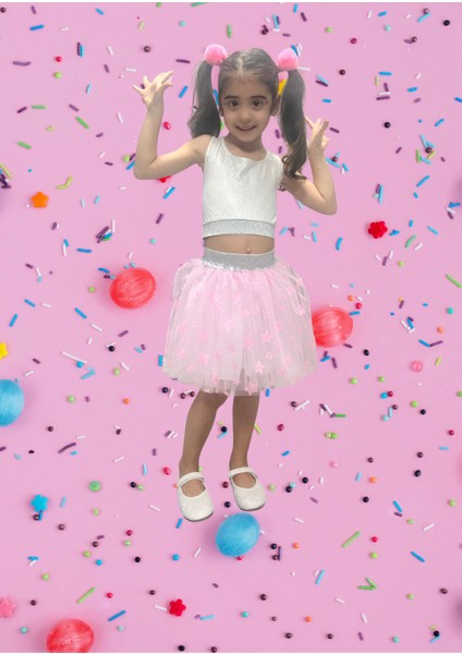 Kız Çocuk Ikili Takım, Gümüş Simli Beyaz Crop ve Pembe Yıldız Desenli Tütü Etek modelleri