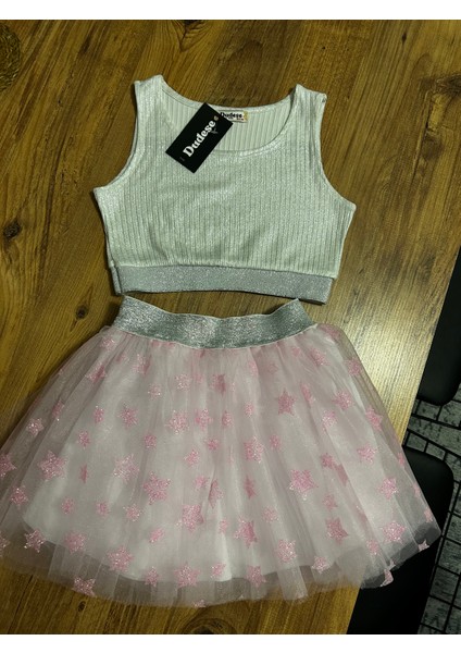 Kız Çocuk Ikili Takım, Gümüş Simli Beyaz Crop ve Pembe Yıldız Desenli Tütü Etek fırsatları