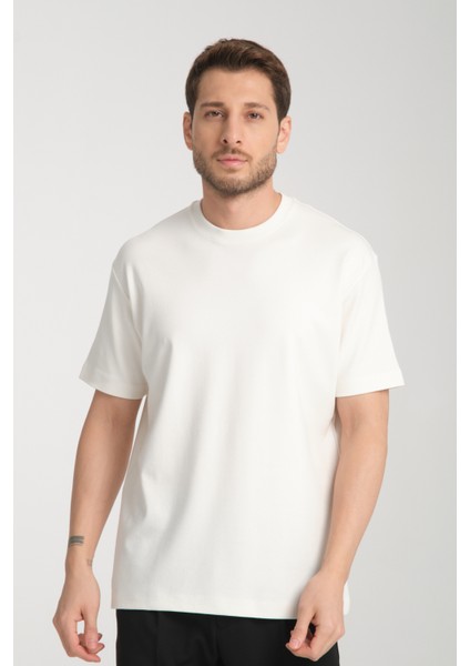 2857 Massimo Erkek Beyaz %100 Supima Pamuk Çekmeyen Kumaş Regular Fit Bisiklet Yaka Tişört