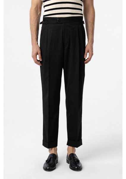 Siyah Yüksek Bel Italyan Kalıp Pileli Erkek Pantolon