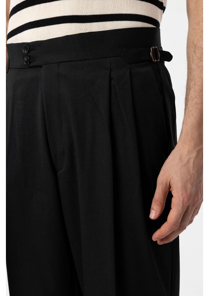 Siyah Yüksek Bel Italyan Kalıp Pileli Erkek Pantolon modelleri
