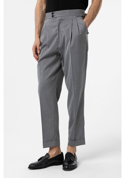 Gri Yüksek Bel Italyan Kalıp Pileli Erkek Pantolon