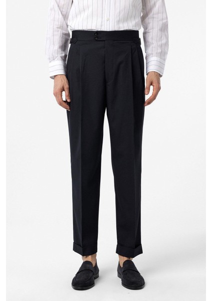 Lacivert Yüksek Bel Italyan Kalıp Pileli Erkek Pantolon