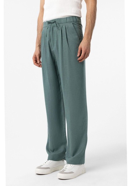 Yeşil Bel Bağlamalı Keten Karışımlı Baggy Erkek Pantolon