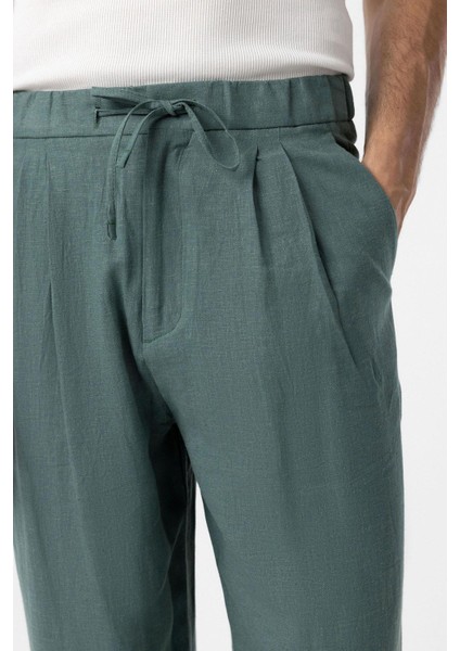 Yeşil Bel Bağlamalı Keten Karışımlı Baggy Erkek Pantolon modelleri