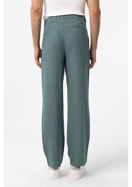 Yeşil Bel Bağlamalı Keten Karışımlı Baggy Erkek Pantolon fırsatları