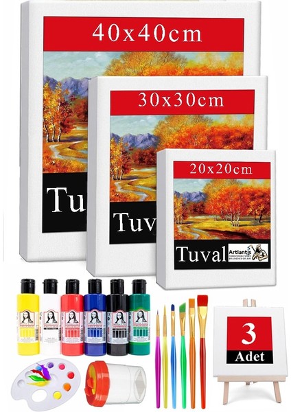 Kare Tuval 3 Adet 20X20 30X30 40X40 cm Boş Tuval Tablo 6 Lı Akrilik Boya Fırça Palet Resim Tuvali Akrilik Yağlı Boya