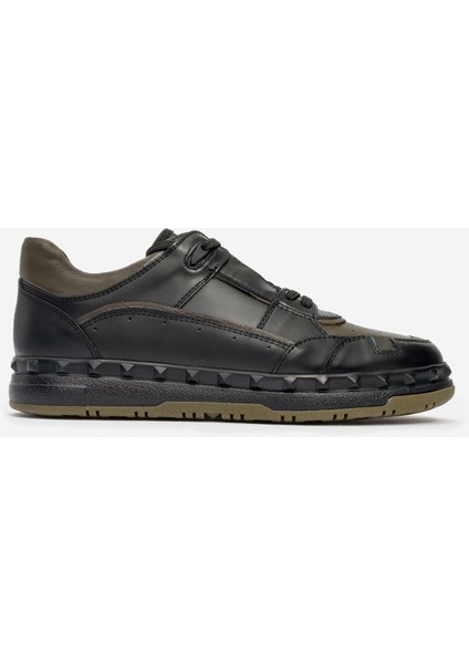 Erkek Kalın Taban Bağcıklı Comfort Casual Ayakkabı Gerçek Deri Mc 20398 Siyah/haki
