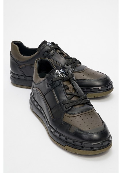 Erkek Kalın Taban Bağcıklı Comfort Casual Ayakkabı Gerçek Deri Mc 20398 Siyah/haki
