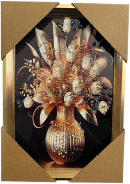 Duvar Tablo 22 x 32 cm Vazoda Çiçekler Kahverengi Beyaz 3 Boyutlu M4440-1