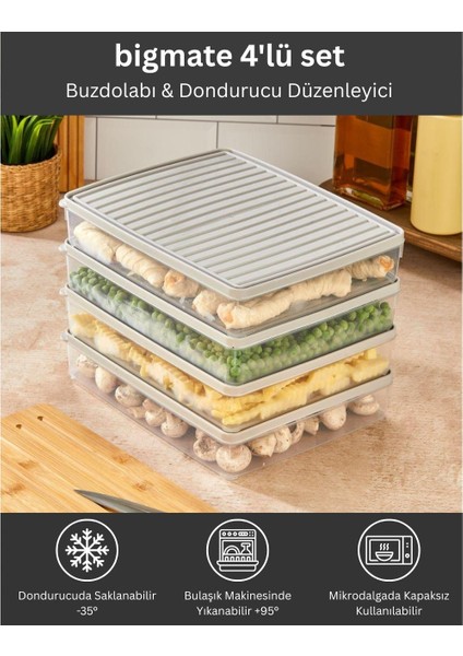 BGMT2525 4'lü Şeffaf Saklama Kabı 4x2,5 Lt Mikrodalga Buzdolabı ve Dondurucu Uyumlu düzenleyici