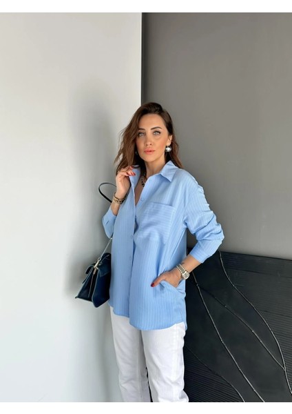 Egzotik Asortik Kadın Çizgili Yandan Cepli Oversize Tunik Gömlek