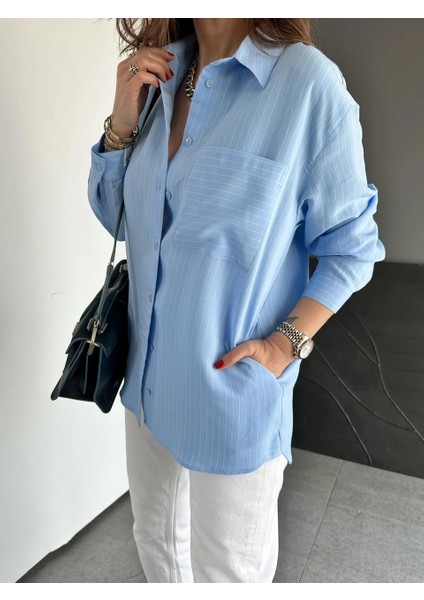 Egzotik Asortik Kadın Çizgili Yandan Cepli Oversize Tunik Gömlek fiyatları