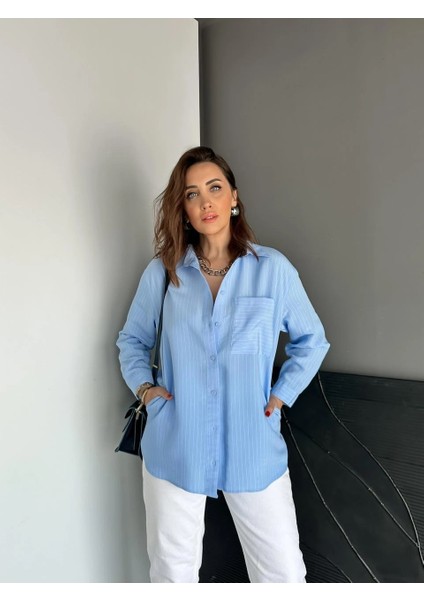 Egzotik Asortik Kadın Çizgili Yandan Cepli Oversize Tunik Gömlek modelleri