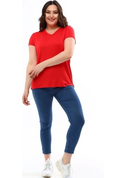 Kadın Büyük Beden V Yaka Basic Kısa Kollu Tişört %95 Pamuk %5 Likra Premium Kumaş