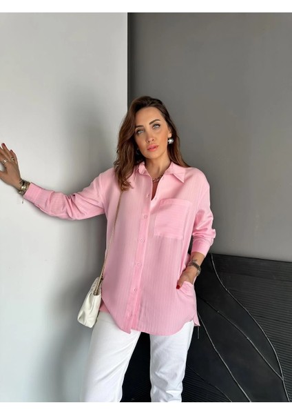 Egzotik Asortik Kadın Çizgili Yandan Cepli Oversize Tunik Gömlek