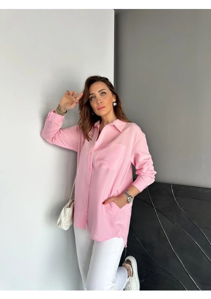 Egzotik Asortik Kadın Çizgili Yandan Cepli Oversize Tunik Gömlek fiyatları