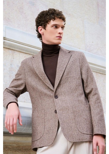 Kahve Slim Fit Balıksırtı Desenli Erkek Blazer Ceket