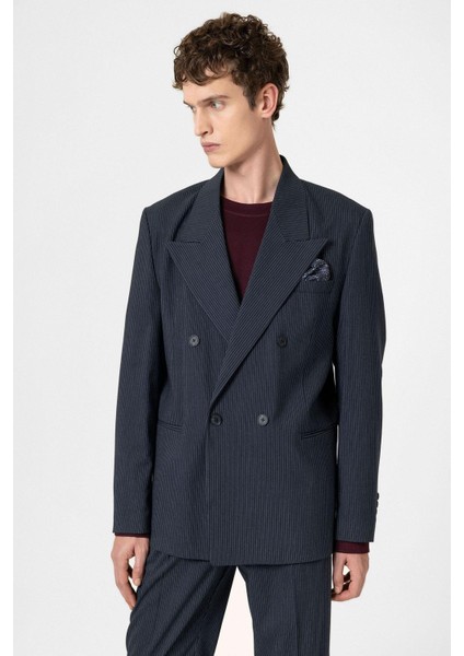 Lacivert Rahat Kruvaze Çizgili Erkek Blazer Ceket