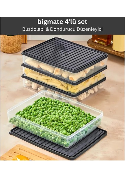 BGMT2525 4'lü Şeffaf Saklama Kabı 4x2,5 Lt Mikrodalga Buzdolabı ve Dondurucu Uyumlu düzenleyici