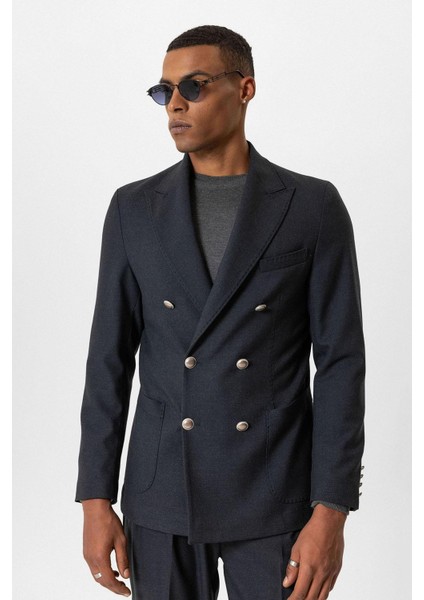 Lacivert Astarsız Kruvaze Erkek Blazer Ceket