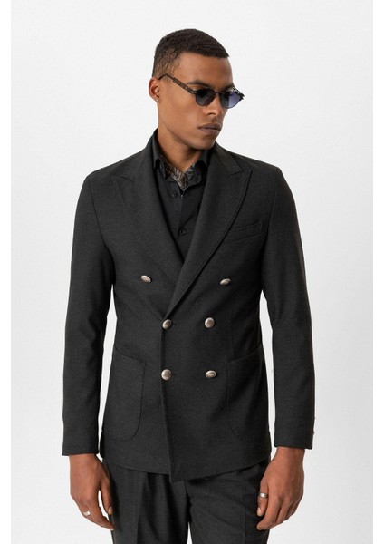 Antrasit Astarsız Kruvaze Erkek Blazer Ceket