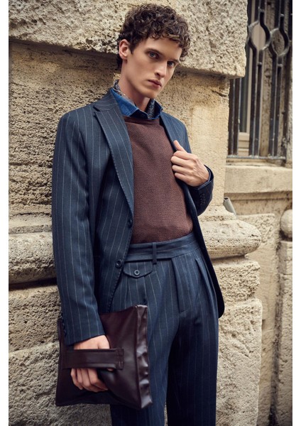 Lacivert Slim Fit Çizgili Erkek Blazer Ceket