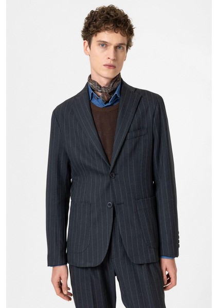 Lacivert Slim Fit Çizgili Erkek Blazer Ceket modelleri