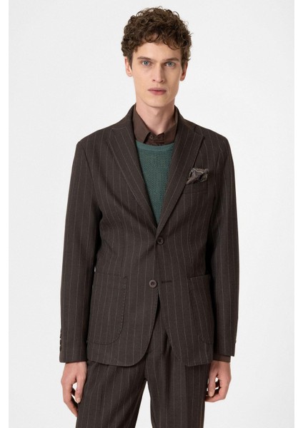 Kahve Slim Fit Çizgili Erkek Blazer Ceket
