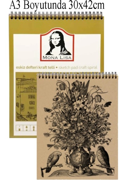 Spralli Eskiz Defteri Kraft A3 1 Adet Telli Kraft Eskiz Defteri 120 gr 50 Yaprak Karakalem Defteri Südor Monalisa 30X42 cm